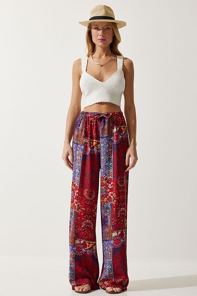 Lovelyİstanbul Viscose Palazzo Trousers - Patterned and Draped, Red and Blue, Len0003