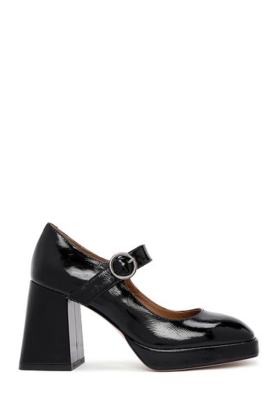 Derimod Women's Black Buckle High Thick Heeled Leather Mary Jane Shoes 24Wfd133016