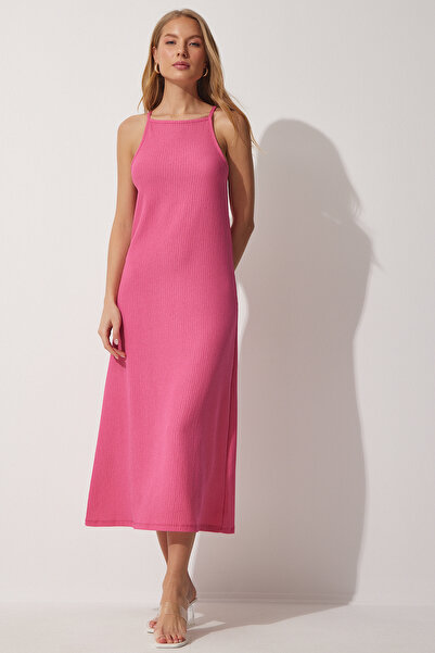 Lovelyİstanbul Ροζ Μακρύ Πλεκτό Καλοκαιρινό Φόρεμα - Ζαρτιέρες Ldz0004