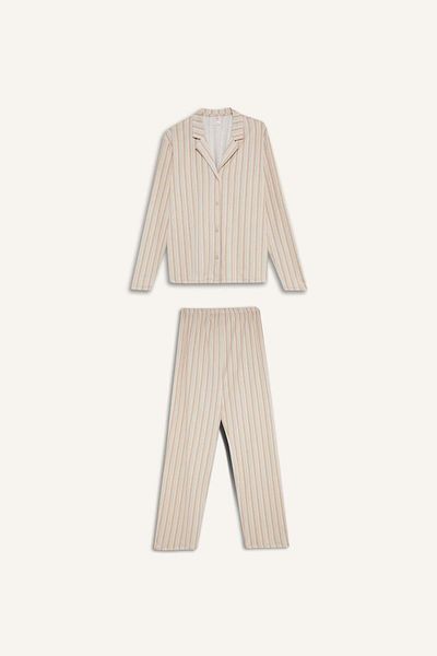 DeFacto Dfm - Fall in Love Pajamas Suit Long Sleeve Button Top Elastic Waist Long Bottom