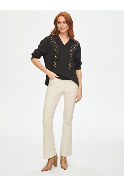 Faik Sönmez Önü Trok Taşlı V Yaka Sweatshirt 69509