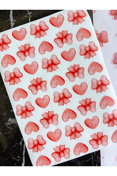 Hayal.kirtasiyesi 40 Pieces of Bow and Heart Sticker - ~3-4 cm Special Cut, Opaque Adhesive Label