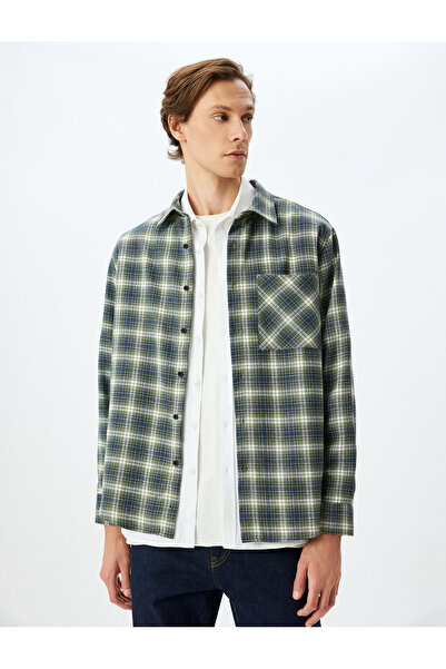 Koton Langärmliges, normal geschnittenes Holzfällerhemd aus Baumwollmischung mit Taschen