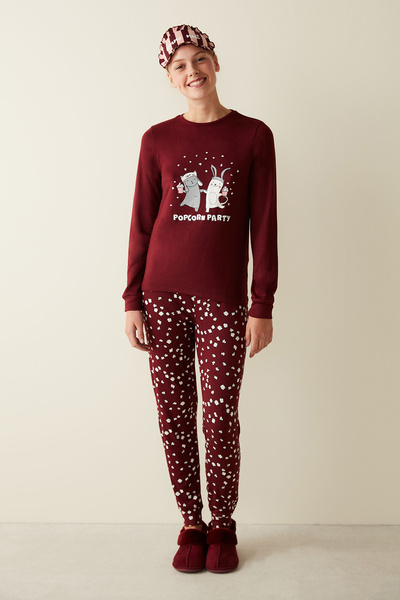 Penti Popcorn Party Printed Thermal Claret Red Pajama Set