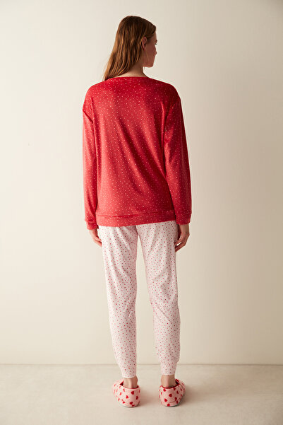 Penti Yıldız Desenli Kırmızı Fuzzy Sweatshirt Pijama Üstü