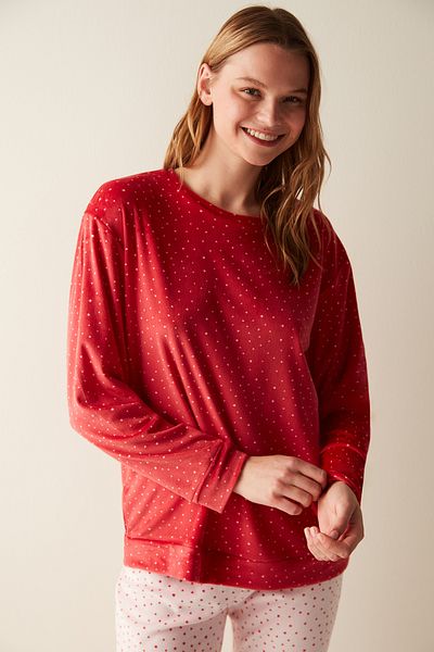 Penti Star Patterned Red Fuzzy Sweatshirt Pajama Top