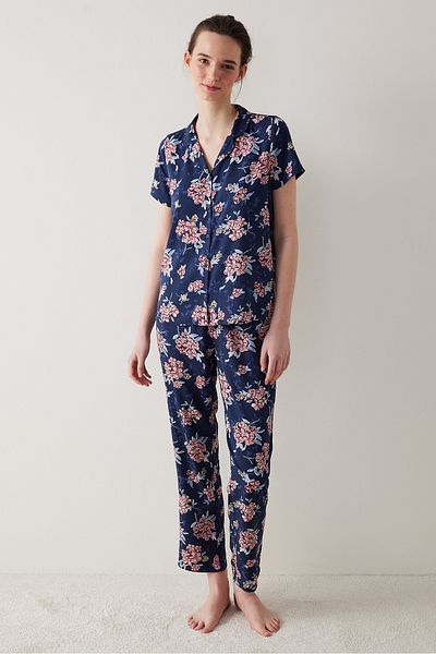 Penti Concept Floral Buttoned Shirt Pants Navy Blue Pajama Set