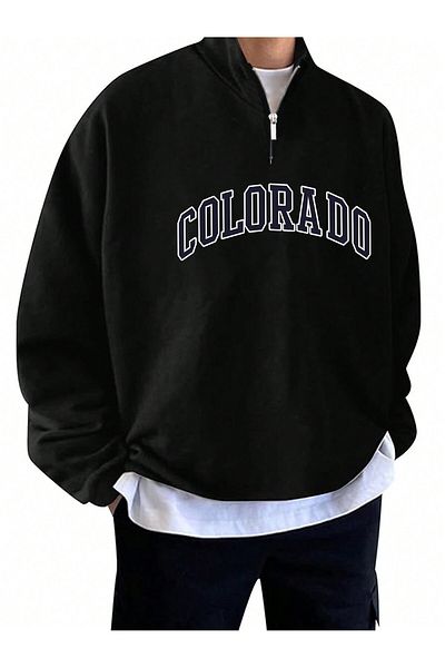 MODARİCH Hanorac Colorado cu jumătate de fermoar - Guler vertical supradimensionat cu imprimeu negru
