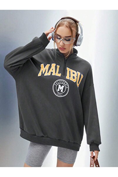 Mythologie Malibu Half-Zip Sweatshirt - Smoked Printed Oversized Stand Collar