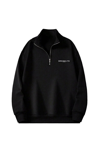 coolart Brooklyn Yazı Yarım Fermuarlı Sweatshirt - Siyah Baskılı Oversize Dik...