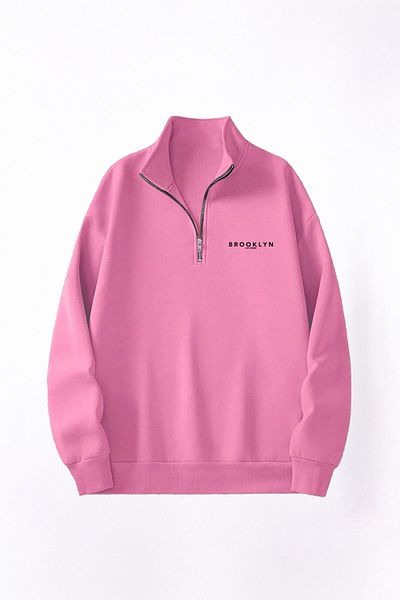 MODARİCH Φούτερ Brooklyn Text Half Zipper - Ροζ εμπριμέ υπερμεγέθη όρθιο γιακά