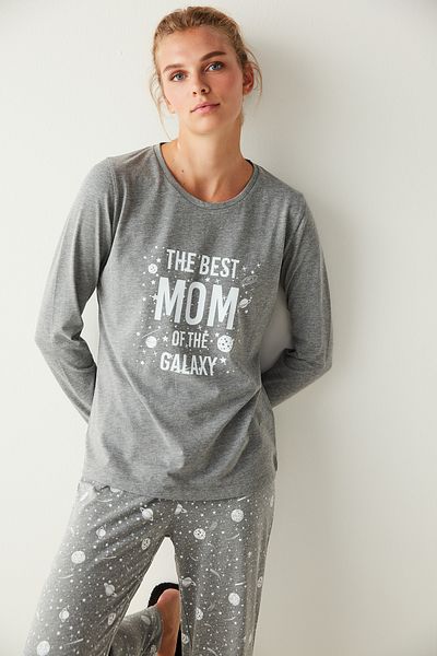Penti Best Mom Gray Slogan Printed Pajama Set