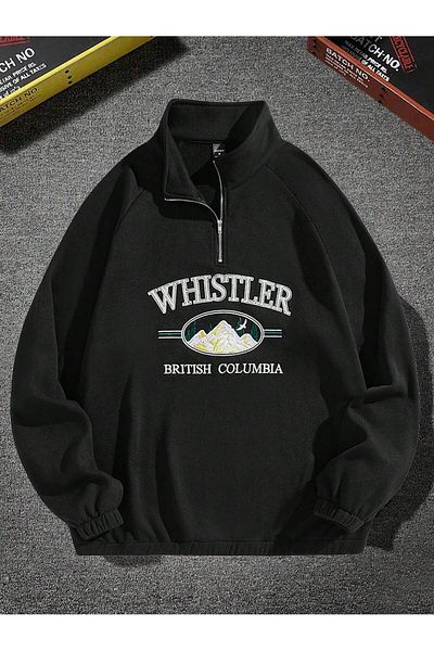 MODARİCH Hanorac Whistler cu jumătate de fermoar - Guler vertical supradimensionat cu imprimeu negru