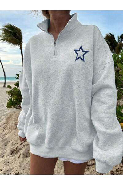 coolart Φούτερ με μισό φερμουάρ Star Design - Γκρι εμπριμέ υπερμεγέθης γιακάς