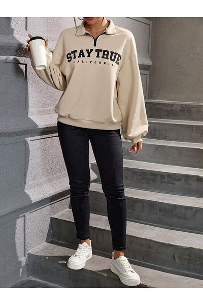 MODARİCH Hanorac Stay True cu jumătate de fermoar - Guler vertical supradimensionat cu imprimeu bej