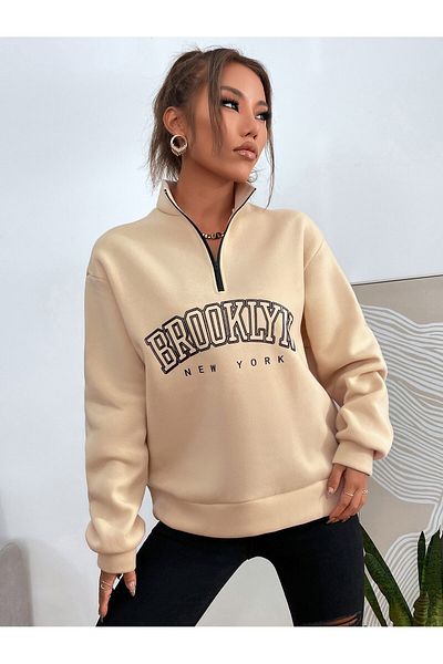 MODARİCH Hanorac oversize cu imprimeu bej Brooklyn New York - jumătate cu fermoar, guler în picioare