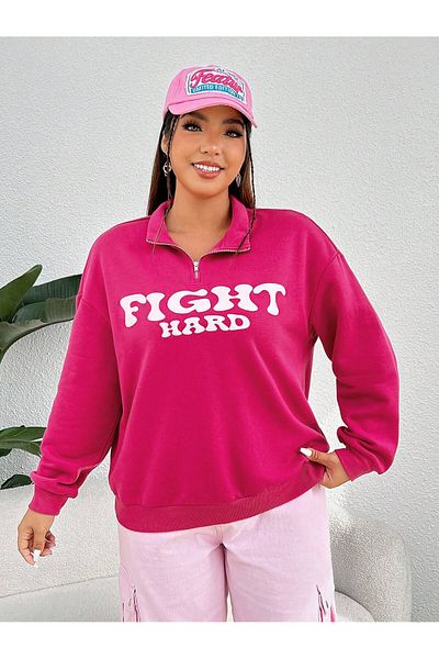 MODARİCH Φούτερ Fight Hard Half Zipper - Ροζ εμπριμέ υπερμεγέθης γιακάς