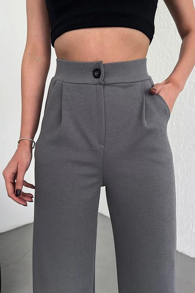 CNRCollection Women's Gray High Waist Pleated Buttoned Lycra Stretch Fabric Oversize Comfortable Fit Palazzo Pants