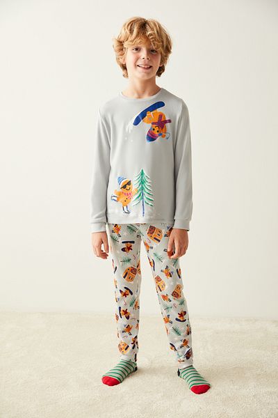 Penti Gray Boy's Cookie Printed Thermal Pajama Set