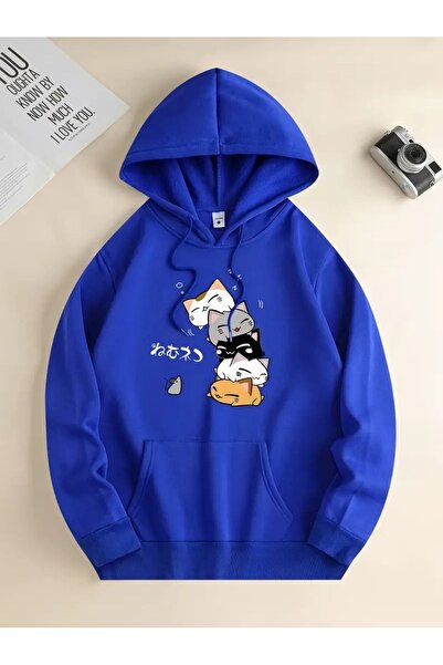 MODARİCH Hanorac cu glugă supradimensionat cu imprimeu Sax Blue Anime Cats