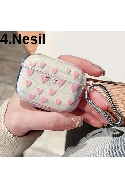 KVK PRİVACY 2024 Model Pink Heart Pattern Glitter Headphone Case - Generation Compatible