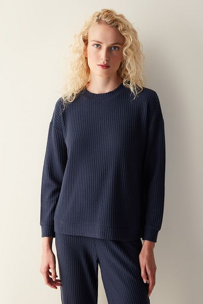 Penti Lilah Waffle Navy Blue Sweatshirt Navy Blue Pajama Top