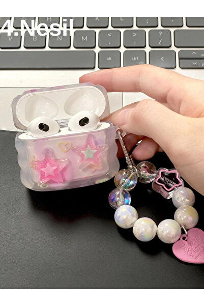 KVK PRİVACY 4. Generation Compatible 2024 Headphone Case Pink Star Pearl Beaded