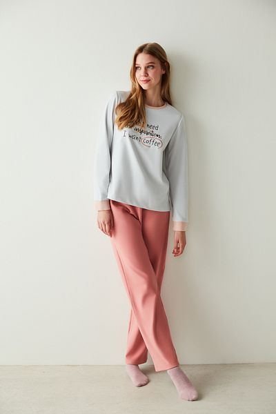 Penti Gray Slogan Printed Thermal Long Sleeve T-Shirt Pajama Top