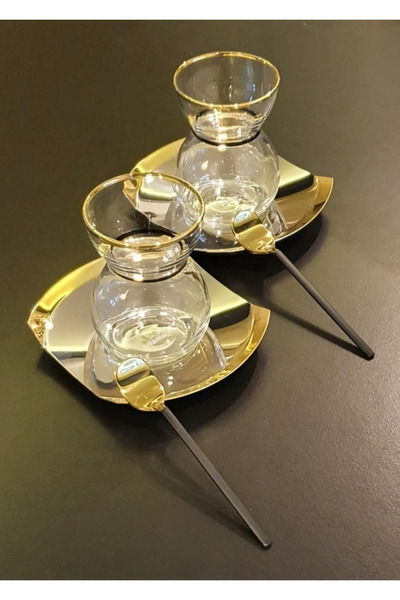 Veliday 6 Kişilik Damla Çay Seti (GOLD) Damla Kulplu 18 Parça Bardak  Kaşık S...
