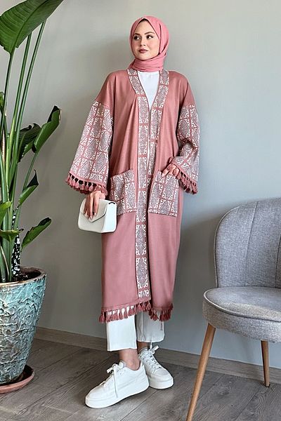 InStyle Ethnic Pattern Tasseled Powder Kimono