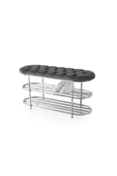 Evistro Kapitoneli Puf Bench Kapı Önü Siyah Metal Ayakkabılık Gri Pamir