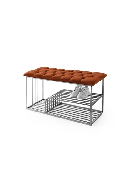 Evistro Kapitoneli Puf Bench Kapı Önü Metal Ayakkabılık Bordo