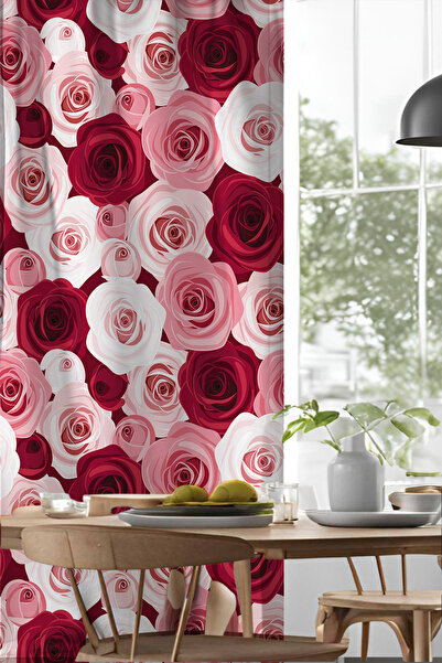 Else Halı Pembe Kırmızı Güller Desenli Djital Baskılı Yemek Odası Mutfak Fon Perde 140x260cm