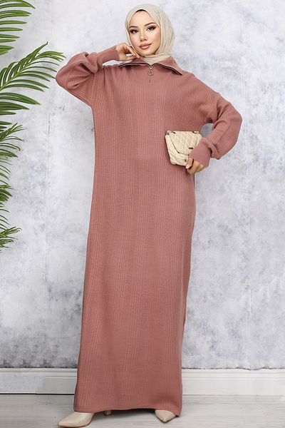 giyze Πλεκτό φόρεμα με φερμουάρ στο γιακά Dusty Rose 11028-09