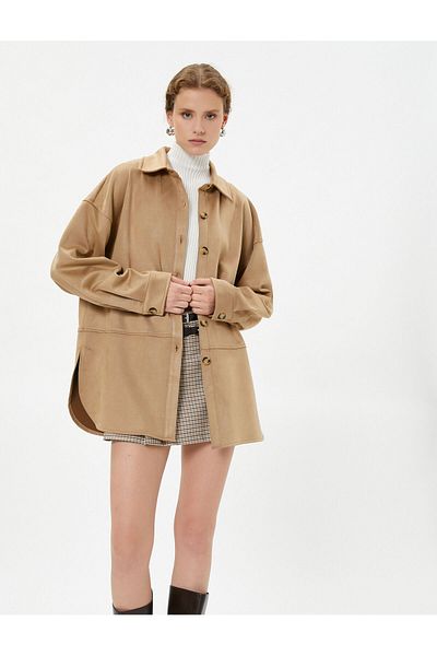 Koton Suede Look Shirt Jacket Button Detailed