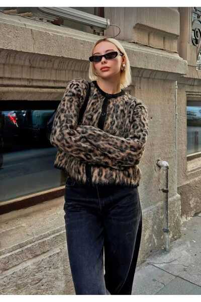 Pazar Sepeti Women's Raised Leopard Patterned Knitwear Cardigan