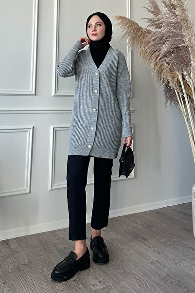 InStyle Bordás aranygombos szürke kötöttáru kardigán