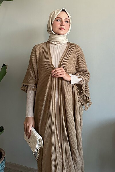 InStyle Dark Beige Knitwear Poncho with Tassel Detail on the Sleeves
