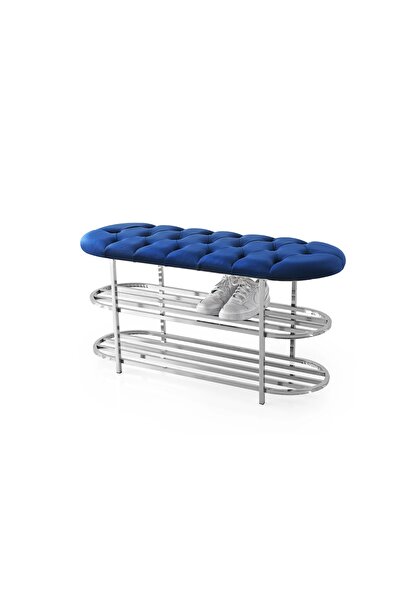 Evistro Kapitoneli Puf Bench Kapı Önü Metal Ayakkabılık Mavi