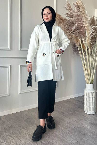 InStyle White Knitwear Jacket with Embroidery Pockets and Sleeves
