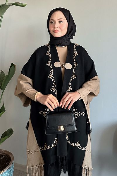 InStyle Κορδόνι Κέντημα Φούντες Μαύρο Πλεκτό Πόντσο