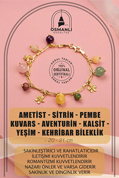 OSMANLI DOĞAL TAŞ Ametist-sitrin-pembe Kuvars-aventurin-kalsit-yeşim-kehribar Doğal Taş Sarı Gümüş Bileklik