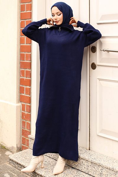 benguen 11028-09 Πλεκτό Φόρεμα με φερμουάρ στο γιακά Navy Blue