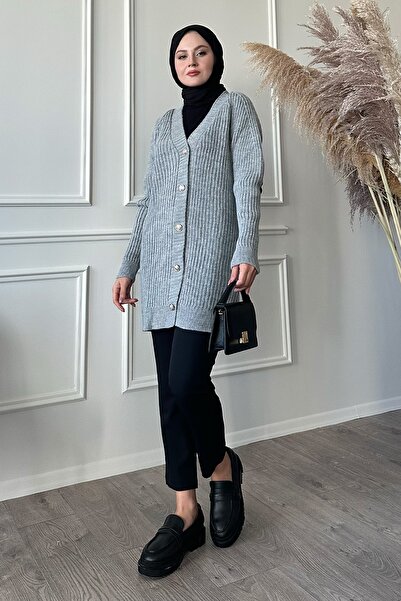 InStyle Bordás aranygombos szürke kötöttáru kardigán