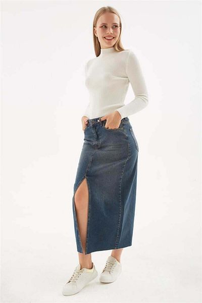 Fashion Friends Fusta midi din denim albastru