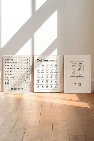 House Gorgeous Set de 3 afișe fără rame cu design de cafea Essentials Collection Coffee Corner