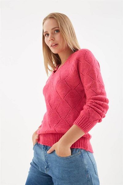 Fashion Friends Pulover ajurat cu decolteu în V fucsia