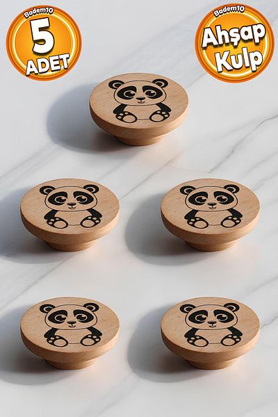 Badem10 Buton de mâner din lemn cu model panda Mobilier camera copiilor Sertar de bucătărie Mâner dulap Mâner 5 buc