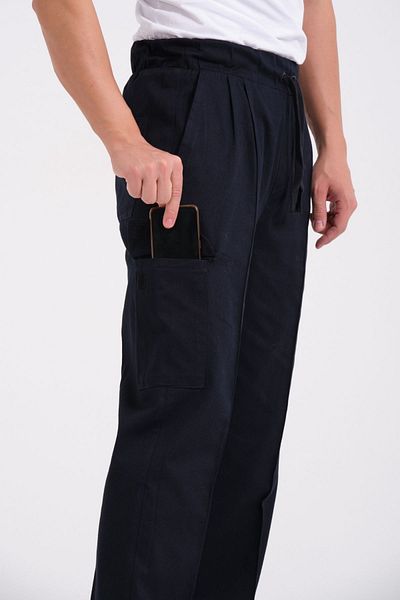 RELAXL 100% Cotton Elastic Baggy Navy Blue Gabardine Loose Pants with Phone Pockets