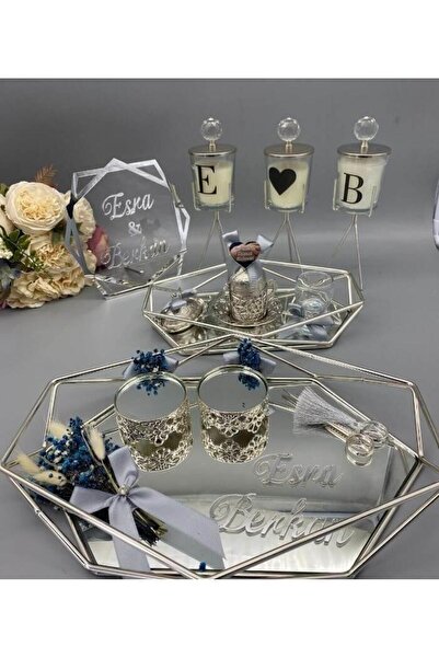 gifthomeshop Prizma Aynalı Söz Nişan ve Damat Kahve Tepsi Seti, Mum Harf ve İ...